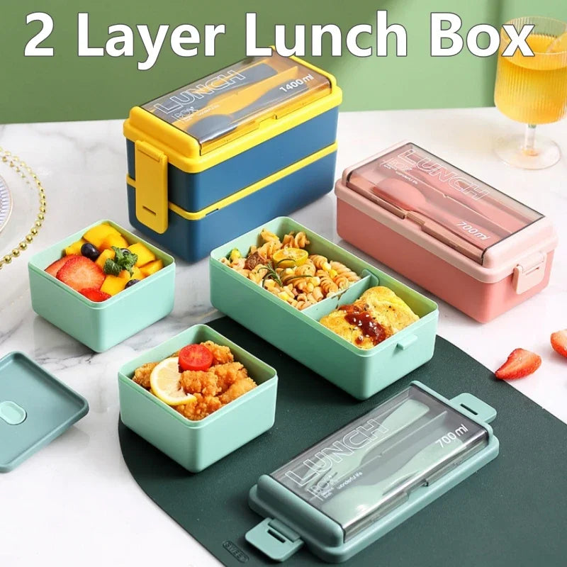 Single/double Layer Lunch Box Portable Leakproof Student Microwave Dinnerware Set with Fork Spoon Food Snack Storage Container
