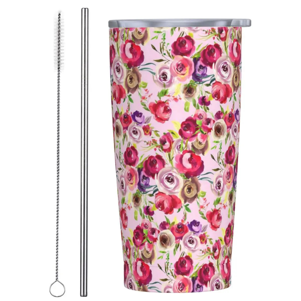 Stainless Steel Tumbler Pretty Rose Mugs Cup With Straws Watercolor Floral Driving Cold Drink Water Bottle Keep Heat Coffee Mug