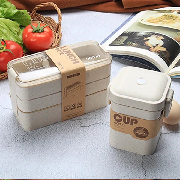 900ml Healthy Material Lunch Box 3 Layer Wheat Straw Bento Boxes Microwave Dinnerware Food Storage Container Lunchbox