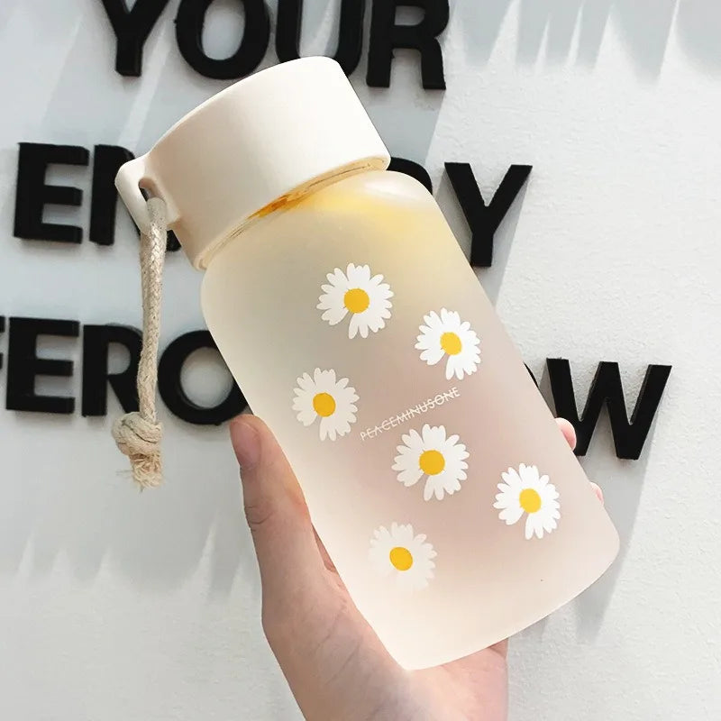 500ml Frosted Water Bottle BPA-Free - Floral Travel Tea Cup with Leakproof Lid & Adjustable Rope for Gym/Hiking/Daily
