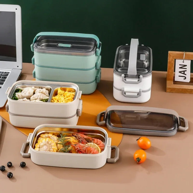 2/3 Layer Insulated Lunch Box with Handle Stainless Steel Simple Japanese Bento Box Worker Student Canteen Packaging Container