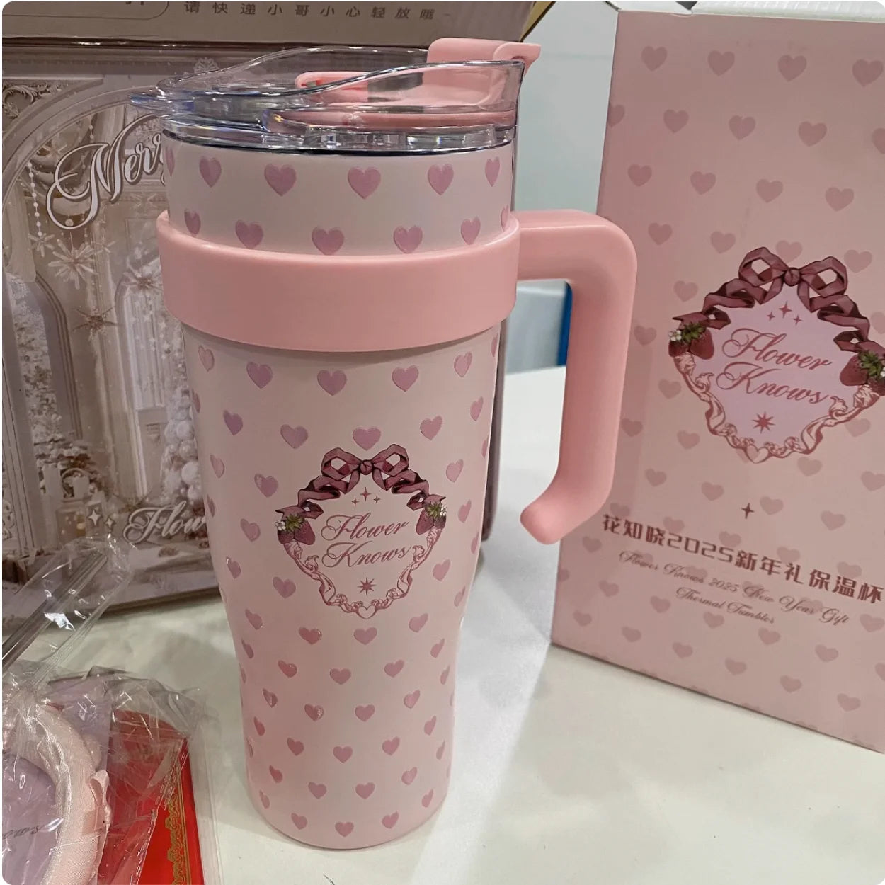 Flower Knows Thermal Tumbler with straw 1200mL Large capacity cups Pink Herat 2025 New Year Cup Artist
