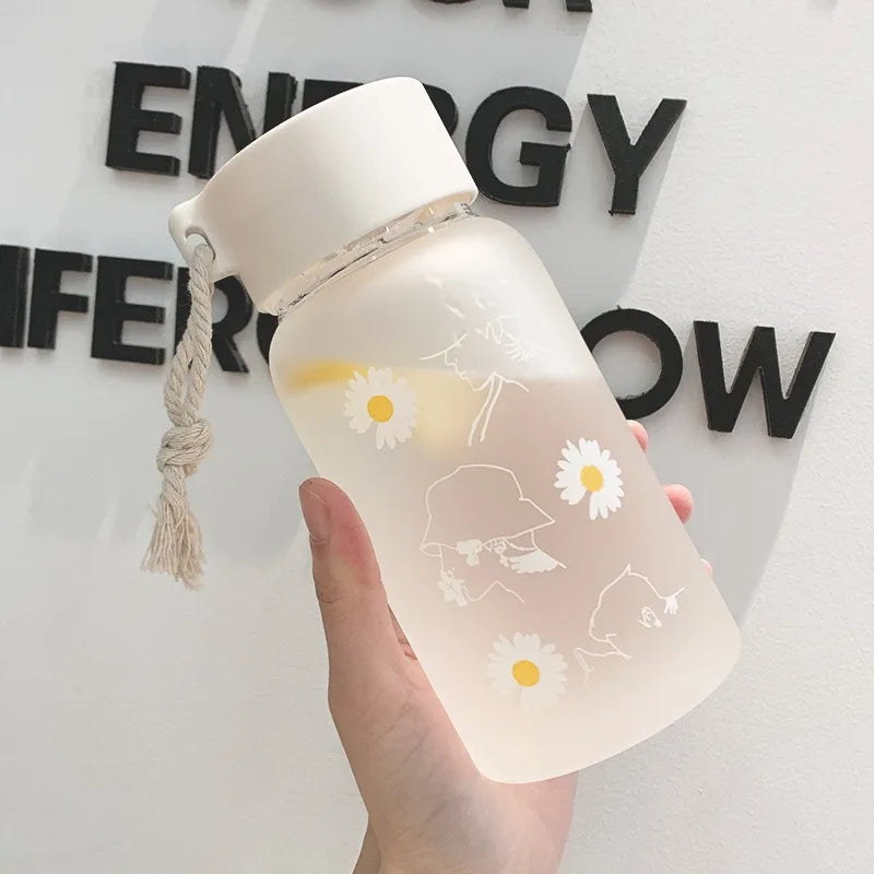 500ml Frosted Water Bottle BPA-Free - Floral Travel Tea Cup with Leakproof Lid & Adjustable Rope for Gym/Hiking/Daily