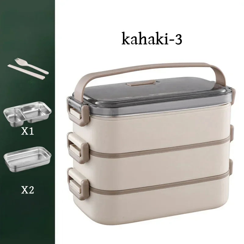2/3 Layer Insulated Lunch Box with Handle Stainless Steel Simple Japanese Bento Box Worker Student Canteen Packaging Container