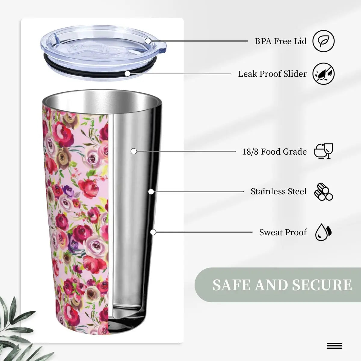 Stainless Steel Tumbler Pretty Rose Mugs Cup With Straws Watercolor Floral Driving Cold Drink Water Bottle Keep Heat Coffee Mug