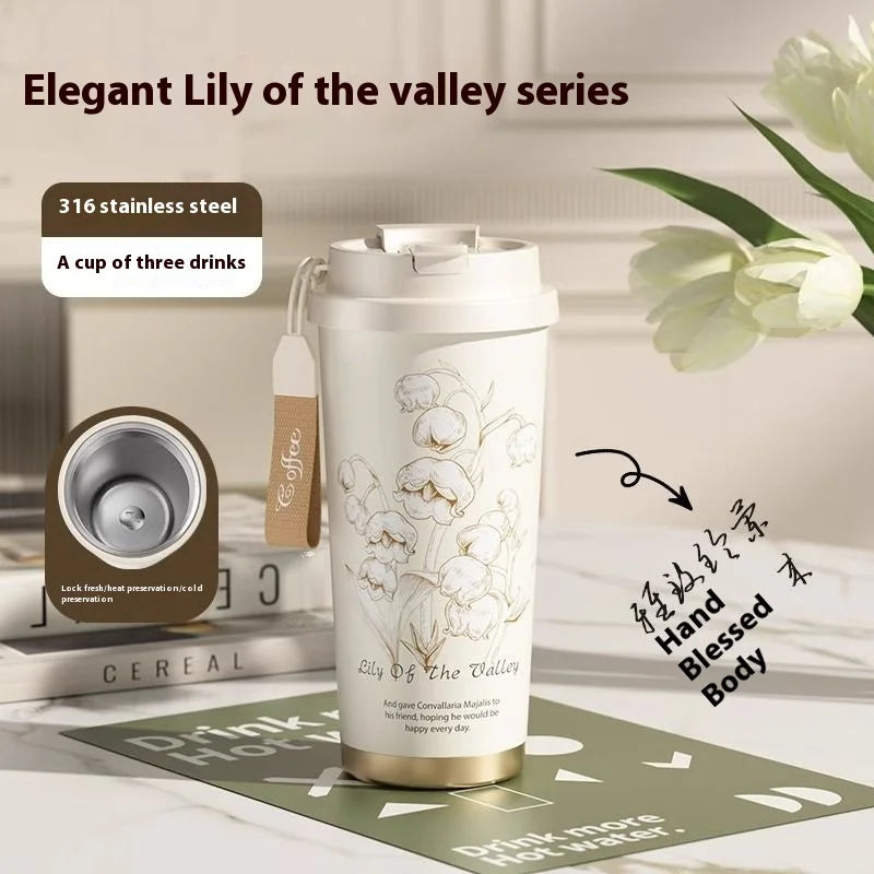 GIANXI Lily Of The Valley Design Travel Portable Leakproof Coffee Cup Stainless Steel Insulated Bottle Cold Cup Handy Cup