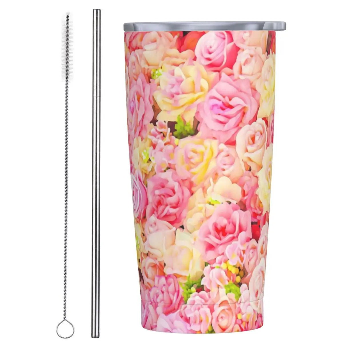 Stainless Steel Tumbler Pretty Rose Mugs Cup With Straws Watercolor Floral Driving Cold Drink Water Bottle Keep Heat Coffee Mug