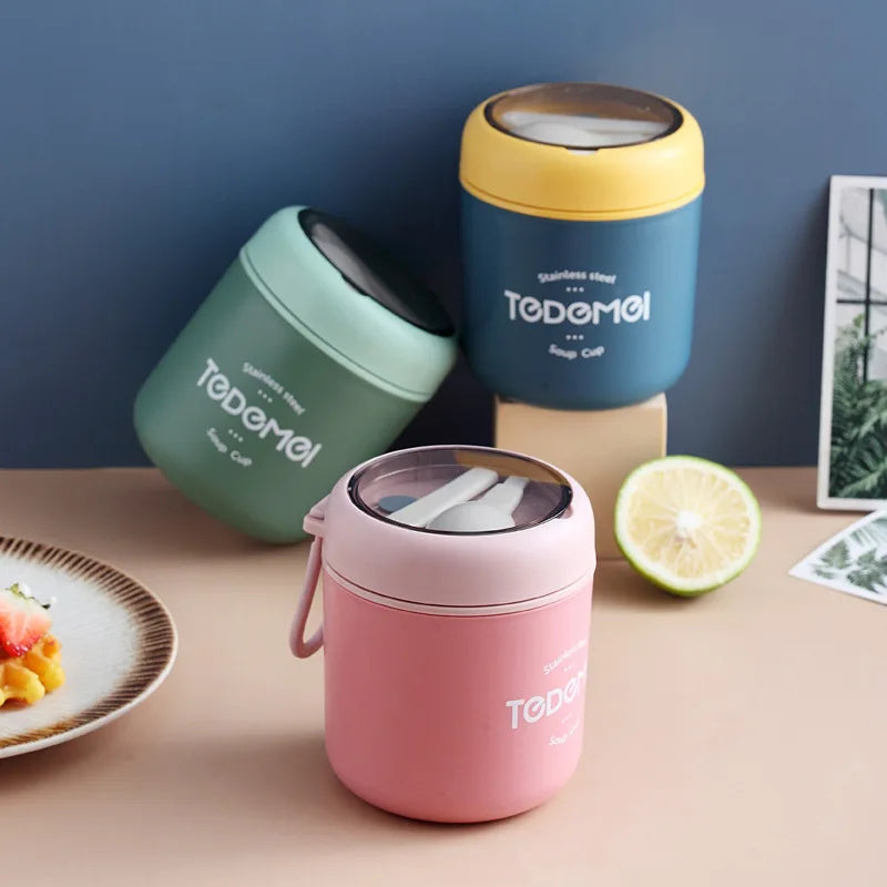 530ml Stainless Steel Lunch Box with Spoon Thermal Food Container Vaccum Cup Insulate Bento Box Thermos Soup Cup For Kids School