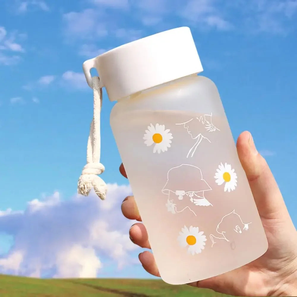 500ml Frosted Water Bottle BPA-Free - Floral Travel Tea Cup with Leakproof Lid & Adjustable Rope for Gym/Hiking/Daily