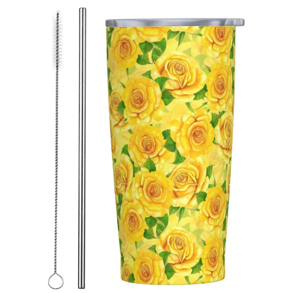 Stainless Steel Tumbler Pretty Rose Mugs Cup With Straws Watercolor Floral Driving Cold Drink Water Bottle Keep Heat Coffee Mug