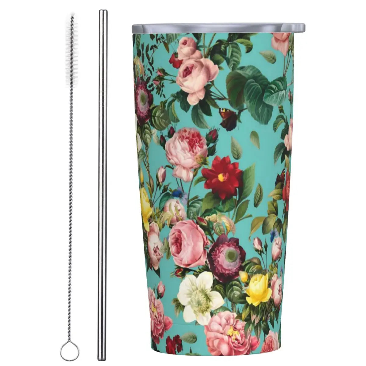Stainless Steel Tumbler Pretty Rose Mugs Cup With Straws Watercolor Floral Driving Cold Drink Water Bottle Keep Heat Coffee Mug