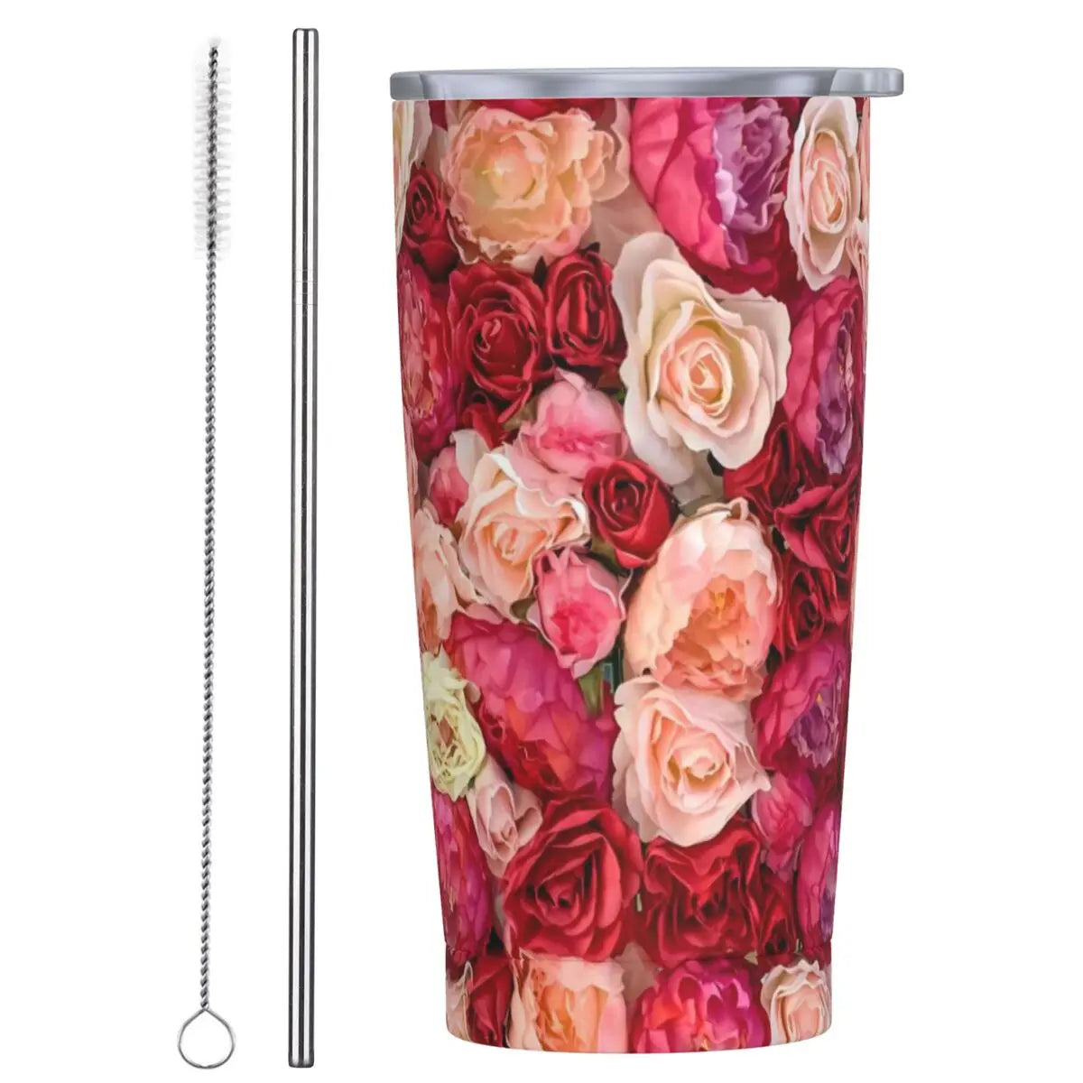 Stainless Steel Tumbler Pretty Rose Mugs Cup With Straws Watercolor Floral Driving Cold Drink Water Bottle Keep Heat Coffee Mug