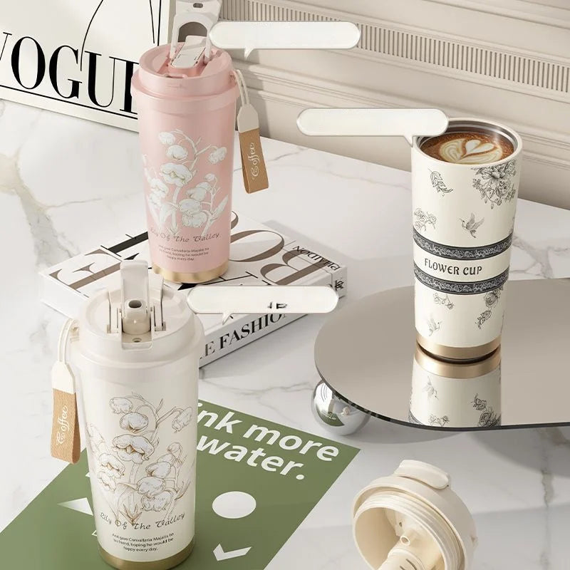 GIANXI Lily Of The Valley Design Travel Portable Leakproof Coffee Cup Stainless Steel Insulated Bottle Cold Cup Handy Cup