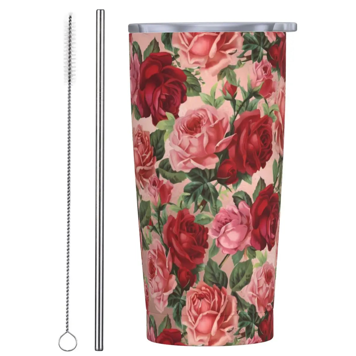 Stainless Steel Tumbler Pretty Rose Mugs Cup With Straws Watercolor Floral Driving Cold Drink Water Bottle Keep Heat Coffee Mug