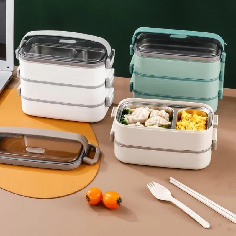 2/3 Layer Insulated Lunch Box with Handle Stainless Steel Simple Japanese Bento Box Worker Student Canteen Packaging Container