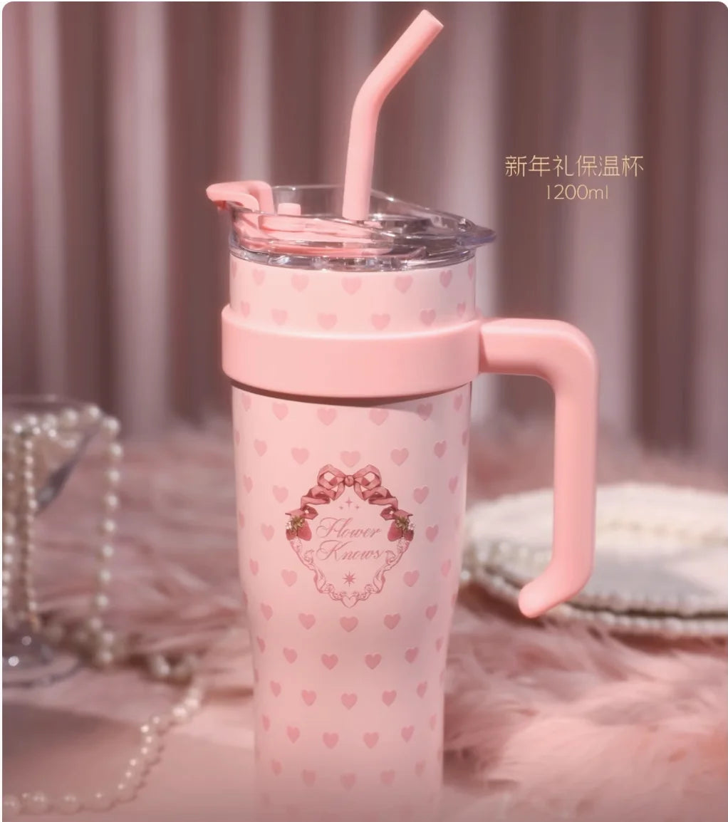 Flower Knows Thermal Tumbler with straw 1200mL Large capacity cups Pink Herat 2025 New Year Cup Artist