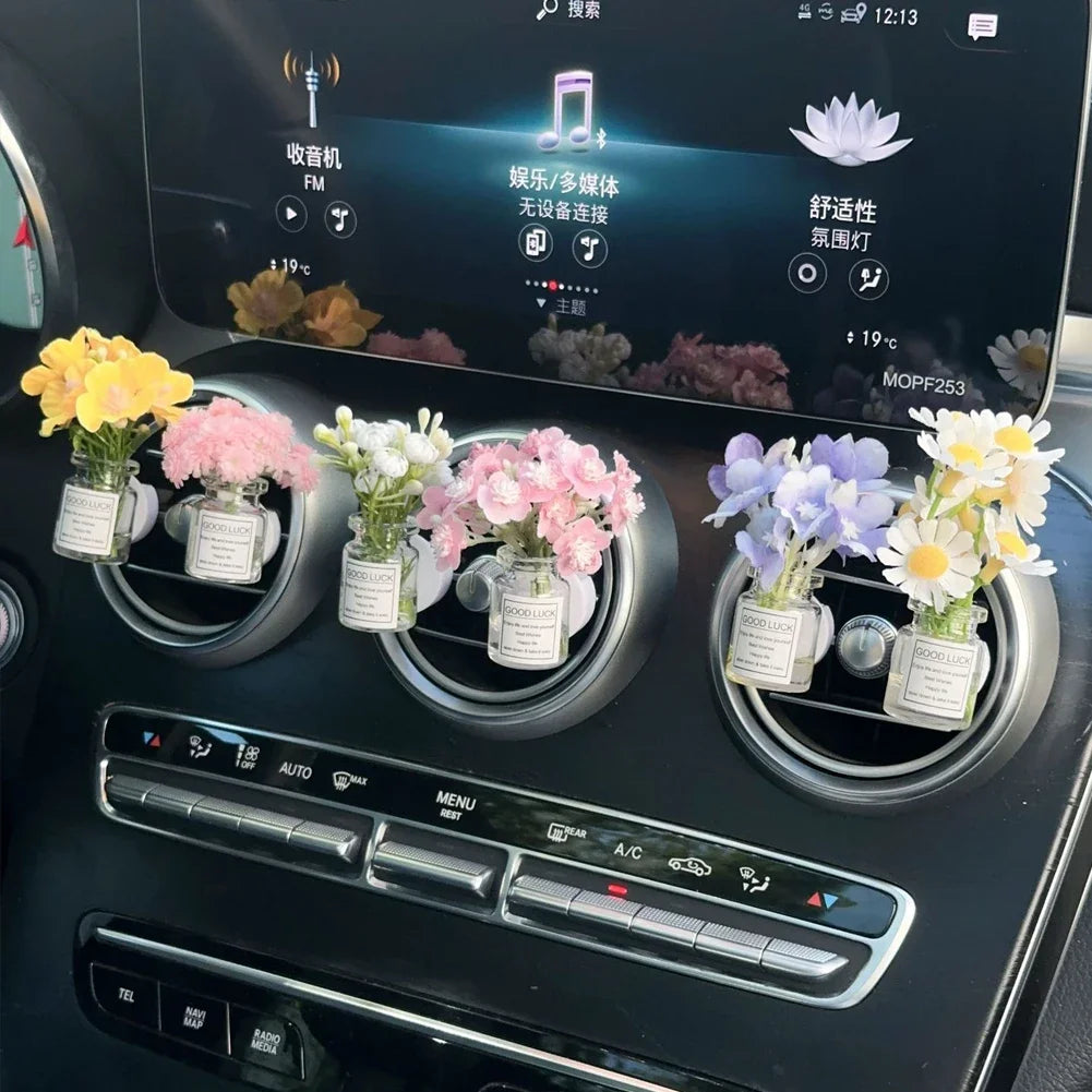 Car Center Console Air Outlet Simulated Flower Clips Ornaments Babysbreath Jasmine Glass Vase Ornaments For Girls Decorations