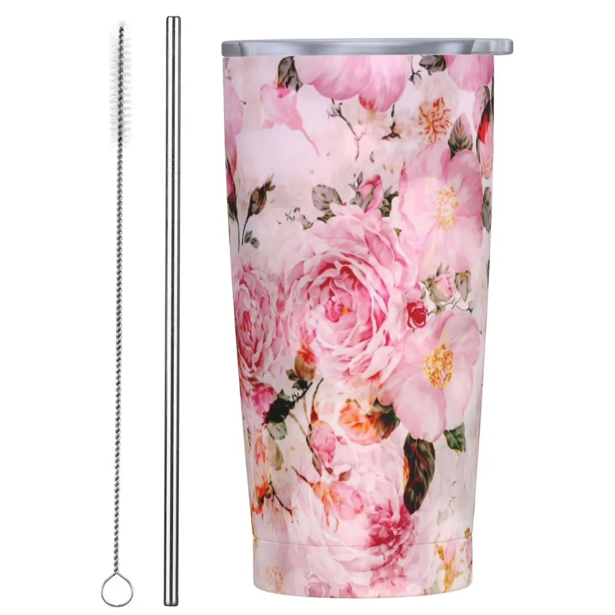 Stainless Steel Tumbler Pretty Rose Mugs Cup With Straws Watercolor Floral Driving Cold Drink Water Bottle Keep Heat Coffee Mug