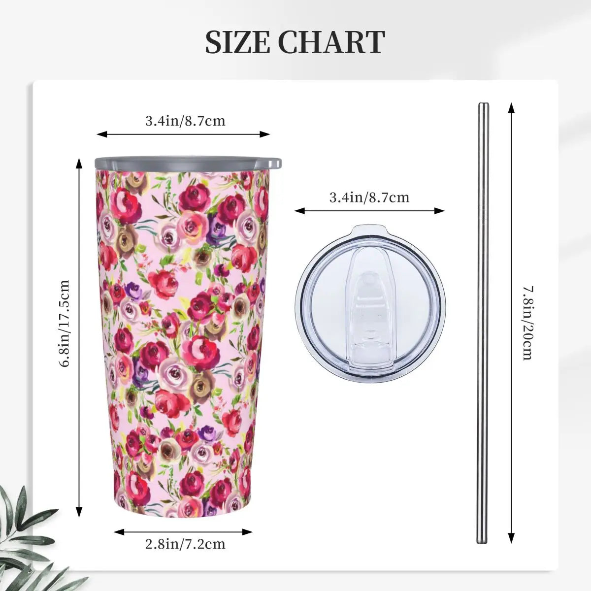 Stainless Steel Tumbler Pretty Rose Mugs Cup With Straws Watercolor Floral Driving Cold Drink Water Bottle Keep Heat Coffee Mug
