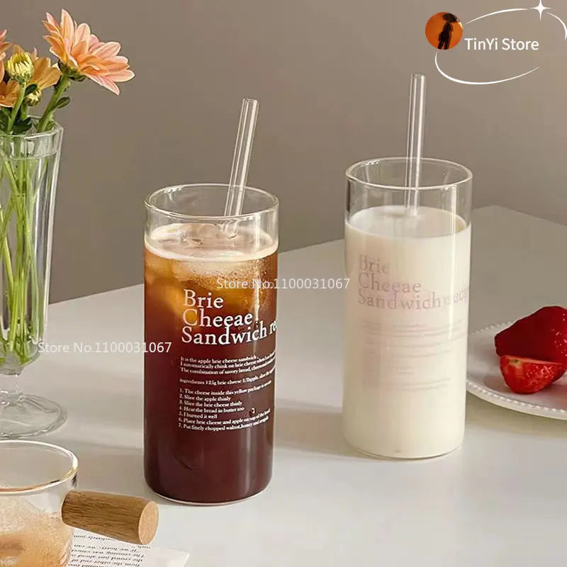 Glass Tumbler Korean Style English Letter Glass Mug Heat Resistant Glass Clear Waterbottle Tea Cup Coffee Mug Kitchen Accessorie