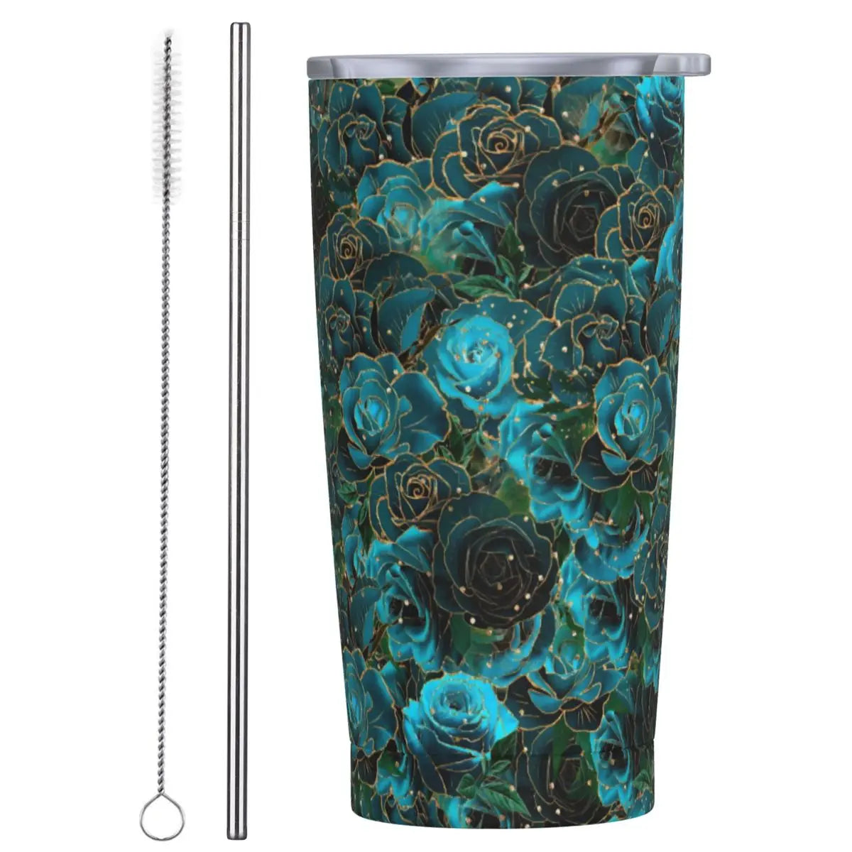 Stainless Steel Tumbler Pretty Rose Mugs Cup With Straws Watercolor Floral Driving Cold Drink Water Bottle Keep Heat Coffee Mug