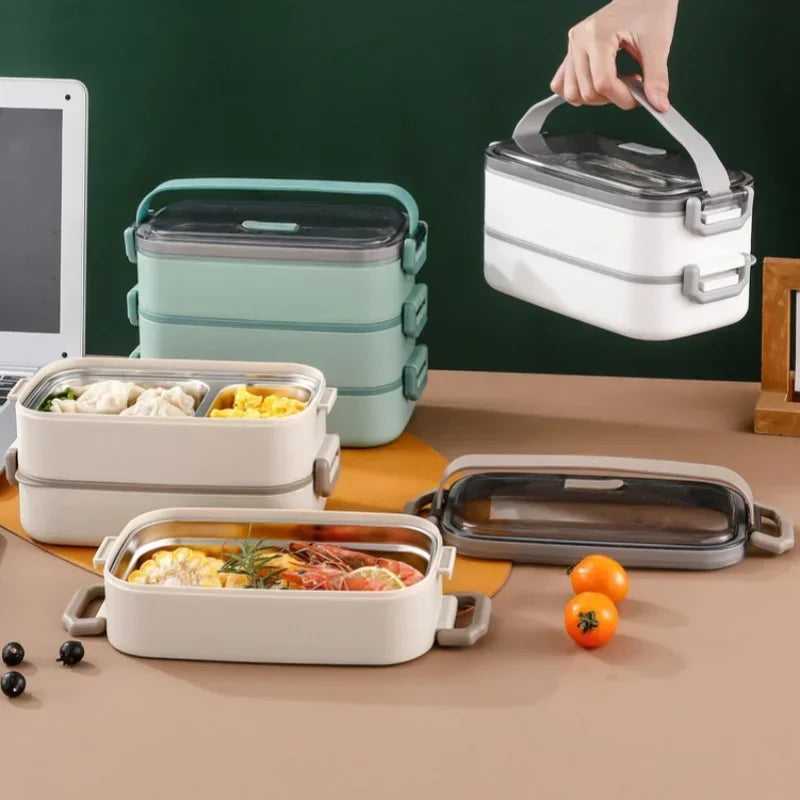 2/3 Layer Insulated Lunch Box with Handle Stainless Steel Simple Japanese Bento Box Worker Student Canteen Packaging Container