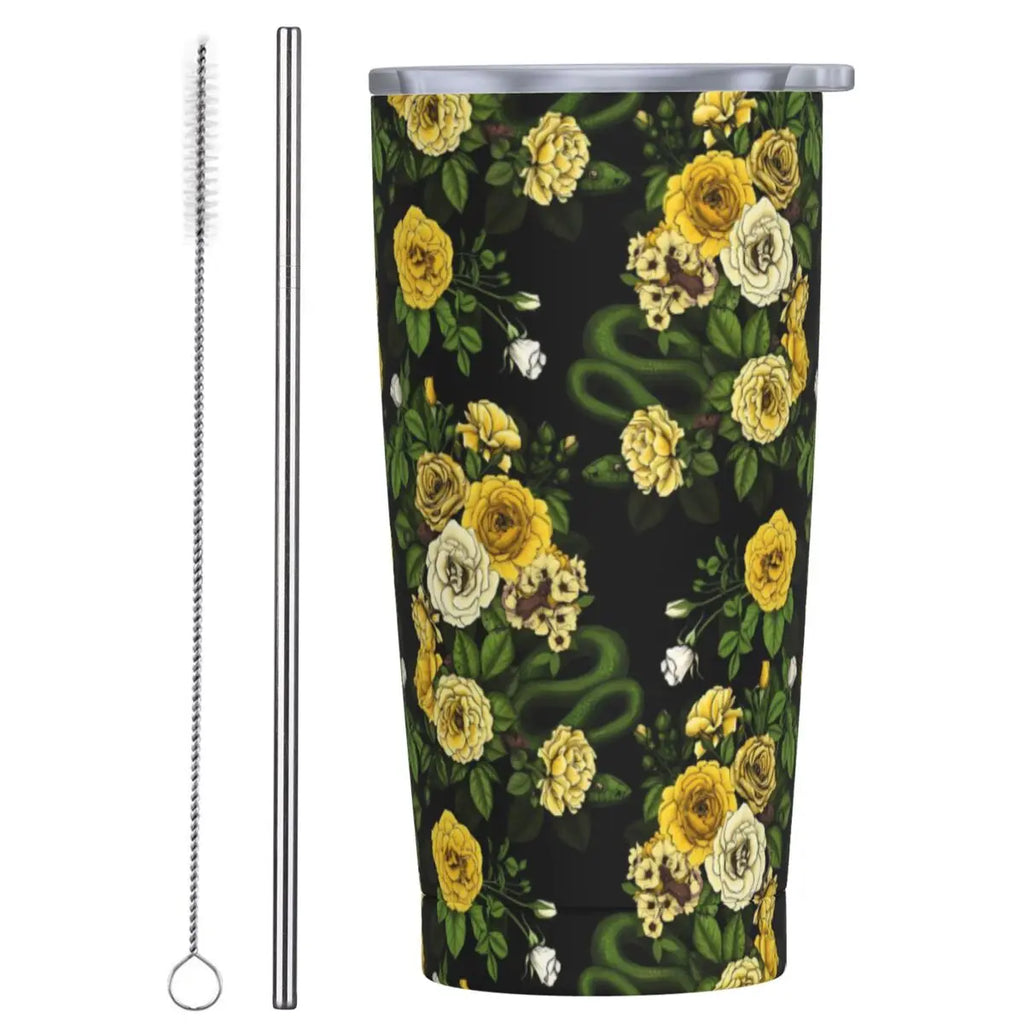 Stainless Steel Tumbler Pretty Rose Mugs Cup With Straws Watercolor Floral Driving Cold Drink Water Bottle Keep Heat Coffee Mug